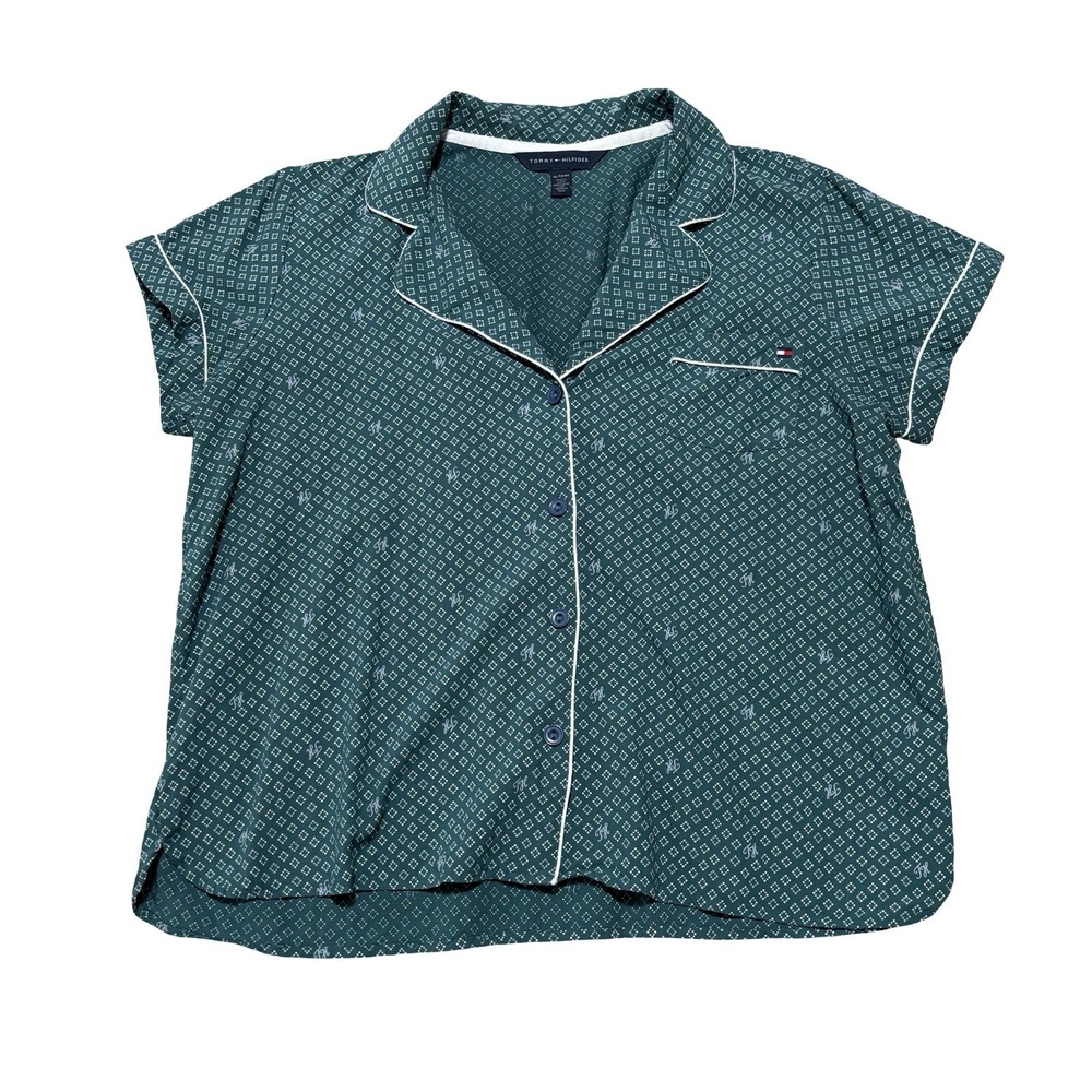 Tommy Hilfiger Women's Short Sleeve Button Down Sleep Shirt Green XL 22 x 25